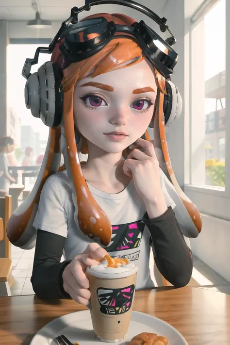 Highly detailed, High Quality, Masterpiece, beautiful, orange hair, splatoon, meggy, inkling, tentacle hair, headphones, goggles on head, white shirt, layered sleeves, <lora:Char_Meme_Meggie:0.9>, food, simple background, elbows on table, cup, blurry background, indoors, upper body, <lora:Pos_AcrossTable:1>, black sclera,