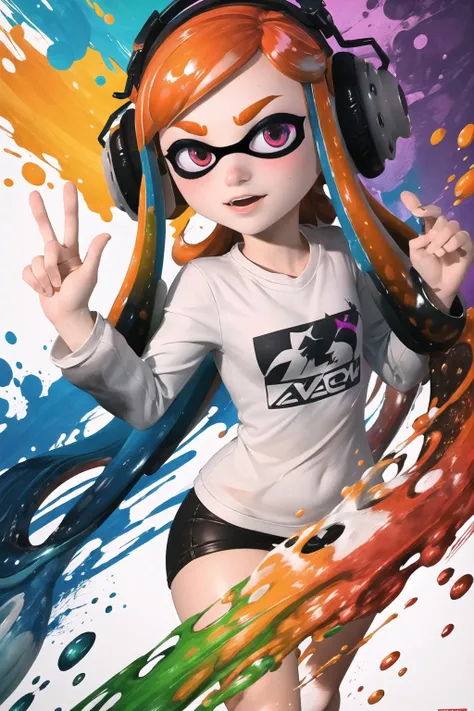 Highly detailed, High Quality, Masterpiece, beautiful, meggy, inkling, tentacle hair, <lora:Char_Meme_Meggie:0.8>, splatoon, Combine vibrant splashes of red, blue, yellow, and green, with swirling motions and color leaks to create an explosive and chaotic effect,