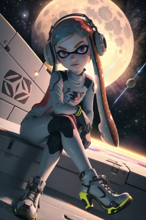 Highly detailed, High Quality, Masterpiece, beautiful, meggy, inkling, tentacle hair, <lora:Char_Meme_Meggie:0.7>, splatoon, zero suit, blue gloves, high heels, <lora:Outfit_ZeroSuit:0.9>, sitting, space, spacecraft, floating hair, worried, moon, earth \(planet\), starry sky, in orbit,