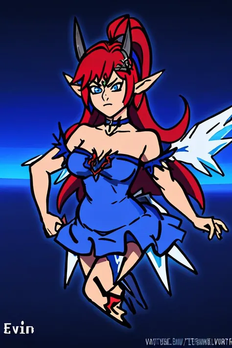 Highly detailed, High Quality, Masterpiece, beautiful, TerminalMontage, <lora:TerminalMontage:1>, edgShiva, JubeiYagyu solo, red hair, beautiful eyes, furrowed brow, elf ears, choker, in a blue dress with wings, ((wearing edgShiva, crown of ice)) <lora:JubeiYagyu-09:.7> <lora:GoodHands-beta2> <lora:edgShiva:0.8>