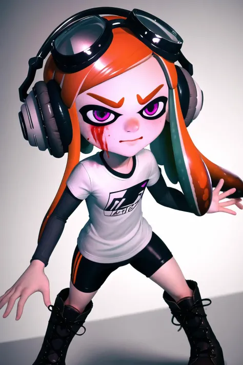 Highly detailed, High Quality, Masterpiece, beautiful, meggy, inkling, tentacle hair, headphones, goggles on head, white shirt, layered sleeves, spandex shorts, brown boots, <lora:Char_Meme_Meggie:0.7>, splatoon, CryingBlood, blood, <lora:Pos_CryingBlood:1>