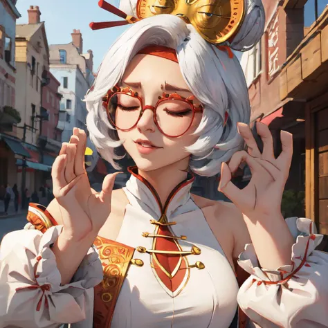 Highly detailed, High Quality, Masterpiece, beautiful, 1girl, solo, PachaMeme, <lora:PachaMeme:1>, closed eyes, purah, red glasses, hair ornament, hair stick, red headband, white shirt, bare shoulders, white jacket, <lora:Char_Zelda_Purah:0.9>