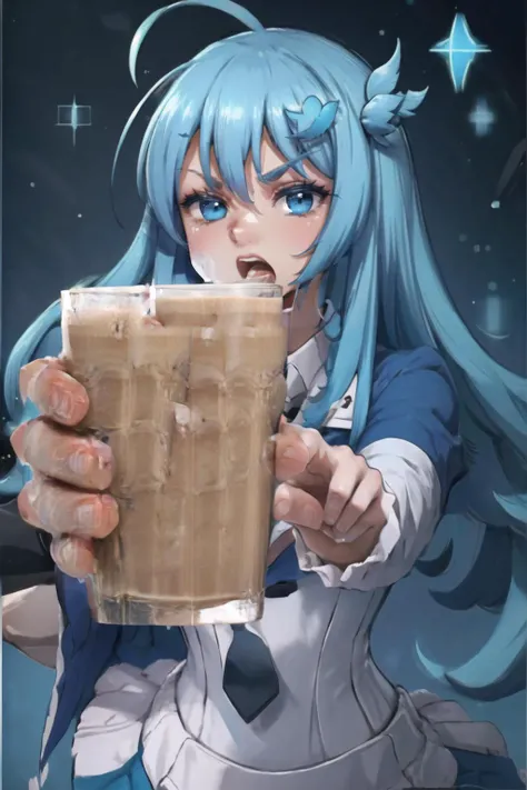 Highly detailed, High Quality, Masterpiece, beautiful, 1girl, solo, choccymilk, pointing at viewer, holding, cup, <lora:Pos_ChoccyMilk:1>, Twitter-chan, hair ornament, white shirt, black long-sleeve shirt, layered sleeves, necktie, blue skirt, <lora:Char_Meme_Twitterchan:0.8>, open mouth, angry,