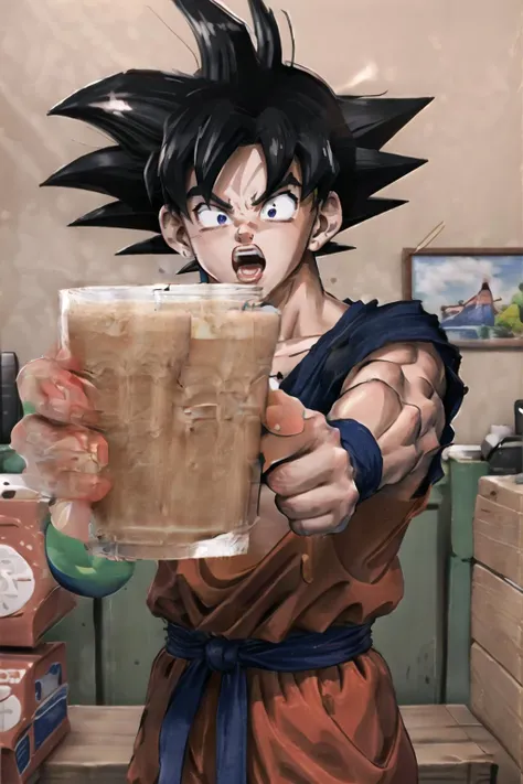 Highly detailed, High Quality, Masterpiece, beautiful, 1boy, solo, choccymilk, pointing at viewer, holding, cup, <lora:Pos_ChoccyMilk:1>, son_goku, base_form, black_hair, black_eyes, <lora:Char_DragonBall_SonGoku:0.6>, open mouth,