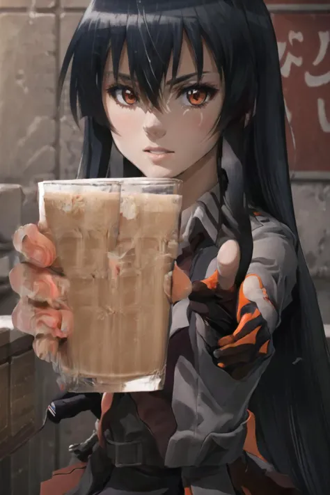 Highly detailed, High Quality, Masterpiece, beautiful, 1girl, solo, choccymilk, pointing at viewer, holding, cup, <lora:Pos_ChoccyMilk:1>, akame (akame ga kill), <lora:Char_AkameGaKill_Akame:0.9>