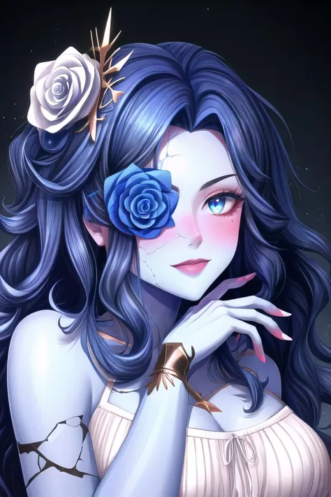 Highly detailed, High Quality, Masterpiece, beautiful, FlowerOverEye, <lora:Looks_FlowerOverEye:1>, HairRose, blue rose, <lora:Looks_HairRose:1>, <lora:Other_MoreDetails:0.5>, Ranni, wavy hair, blue skin, cracked skin, extra arms, dress, <lora:Char_EldenRing_Ranni:0.9>, smile, blush