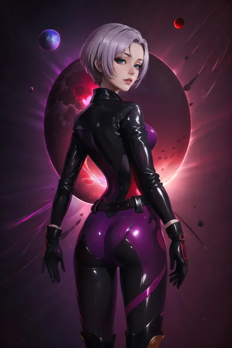 Highly detailed, High Quality, Masterpiece, beautiful, 1girl, solo, mono7DS, short hair, gloves, open jacket, cropped jacket, leather jacket, black jacket, purple bodysuit, belt, boots, <lora:Char_7DS_Mono:0.8>, earth \(planet\), <lora:Style_PlanetSimulator:0.9>, from behind, grey hair,
