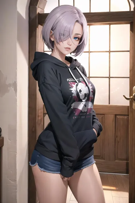 Highly detailed, High Quality, Masterpiece, beautiful, 1girl, solo, mono7DS, hair over one eye, <lora:Char_7DS_Mono:0.8>, edgNoire, hoodie,  ([black dress, short skirt|hoodie]::0.5), <lora:Outfit_NoireHoodies:0.8>