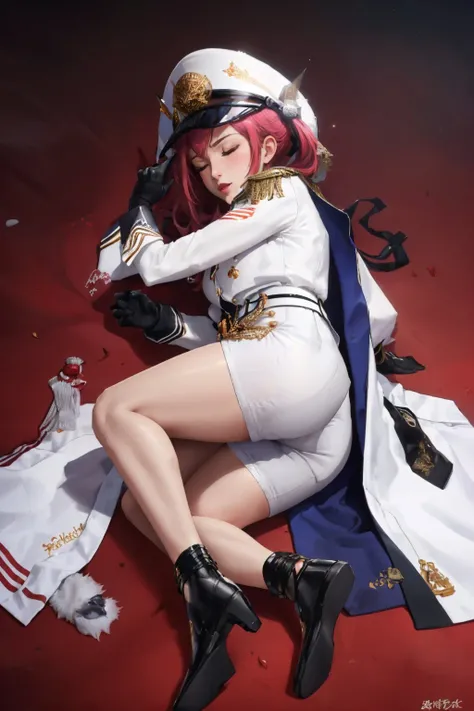 (masterpiece, best quality:1.2), <lora:mast-nikke-richy-v1:0.8>, <lyco:concept_yamchapose-10:0.9>, solo, 1girl, mast \(nikke\), yamchapose, lying, on side, closed eyes, black gloves, long sleeves, belt, coat, epaulettes, military, white headwear, white shorts