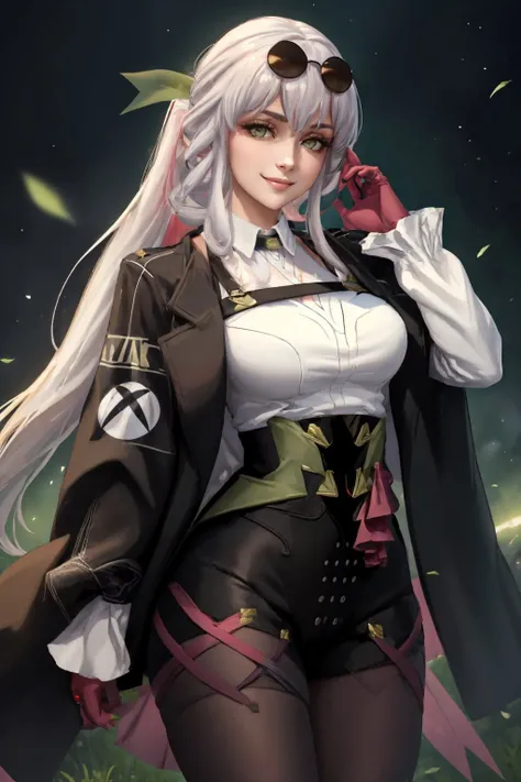 (masterpiece, best quality:1.2), solo, 1girl, xbox-chan, smile, looking at viewer, ponytail, hair ribbon, eyewear on head, kafkaoutfit, jacket <lora:consolechan_xbox-09:0.8> <lora:KafkaOutfit:1.0>