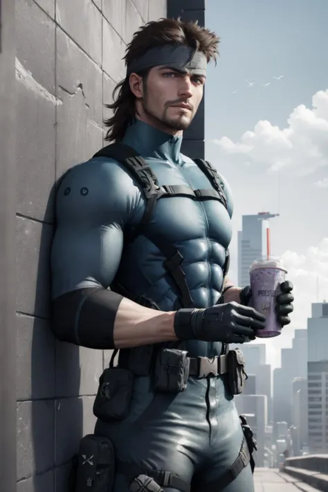 masterpiece:1.2, best quality, absurdres, Solid Snake, facial hair, blue bodysuit, gloves, headband, <lora:solidsnake-nvwls-v3:0.8>, ((grimaceshake)), <lora:concept_grimaceshake:1.0>