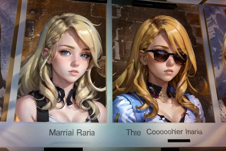 Highly detailed, High Quality, Masterpiece, beautiful, 2girls, TheCoolerDaniel, english text, <lora:TheCoolerDaniel:1>,Maria, blonde hair, blue eyes, blonde hair,   <lora:Maria:1.3>