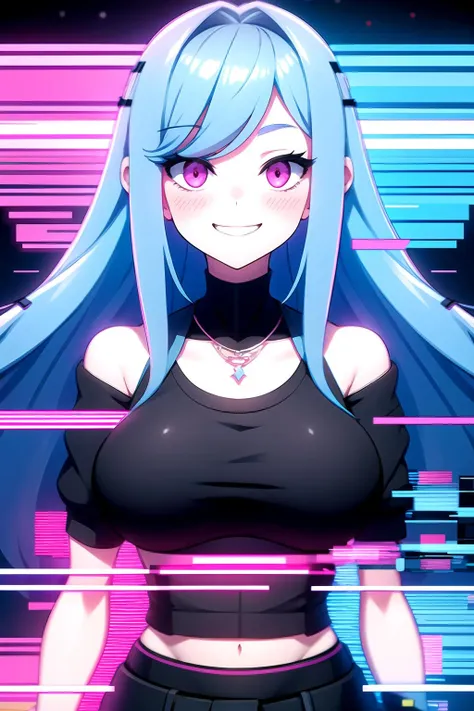 1girl, Light Blue Hair, Long Hair, Pink Eyes, Grin, Blush, Necklace, Pink Sweater, Black Miniskirt, Grin, Big Boobs, Black Background, Glitching, Glitch, <lora:Glitching:1>, Masterpiece, Best Quality, 4K