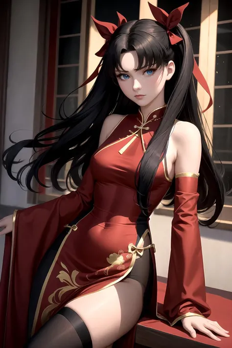 1girl, <lora:rintohsakatest:1>, rin tohsaka, aqua eyes, black hair, hair ribbon, long hair, ribbon, sidelocks, two side up, Chinese Dress, Masterpiece, Best Quality, 4K