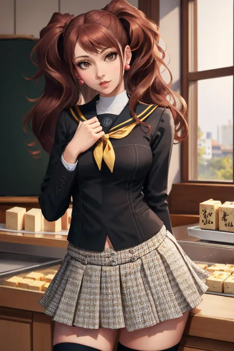 <lora:persona4_kujikawa-12:1> kujikawadef, twintails, school uniform, black serafuku, long sleeves, skirt, thighhighs, jewelry, earrings
masterpiece, best quality, absurdres, ((tofu store)), ((tofu)), indoors,