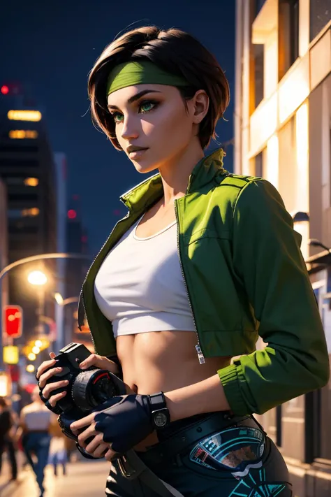 <lora:JadeBGE-10:0.7> Jade, short black hair, green eyes, JDAttire, headband, crop top, cropped jacket ,fingerless gloves, pants, belt, tanned skin
masterpiece, best quality, absurdres, city, outdoors, night, ((holding camera))