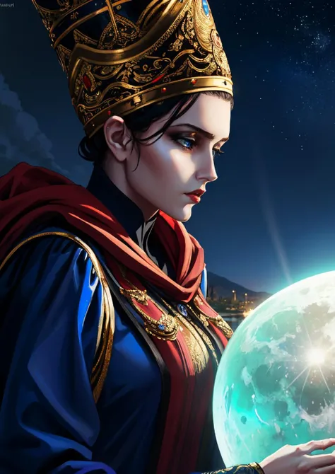 <lora:Rennala-10:0.8> Rennala, short black hair, blue eyes, sad expression, ReDres, jewelry, tight blue robe, long crown, long sleeves,  wide sleeves, tall woman, lake, moon close-up, nighttime, stars, dark dungeon,
beautiful, masterpiece, best quality, looking at viewer