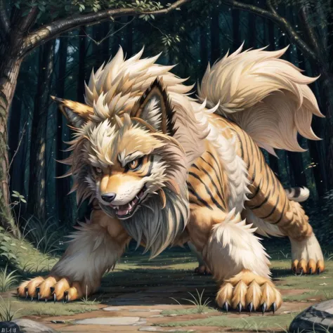 (((Arcanine, Pokmon, Animal,))), solo, single, Tiger, wolf, orange fur, fluffy, <lora:Arcanine - Pokmon:1>
(masterpiece, sidelighting, finely detailed, beautiful), <lora:add_detail:1> <lora:hairdetailer:0.2>
In forest,