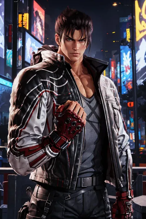 <lora:jin_kazama-000018:0.7> male focus, jin kazama, jacket, zipper, fighting stance, pants, fingerless gloves, shirt, boots, upper body
masterpiece, best quality, absurdres,