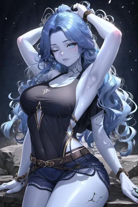 Highly detailed, High Quality, Masterpiece, beautiful, 1girl, wrench_genshin_style, <lora:Outfit_GeshinStyled:1>, Ranni, wavy hair, blue skin, cracked skin, extra arms, extra faces, <lora:Char_EldenRing_Ranni:0.9>, tank top,