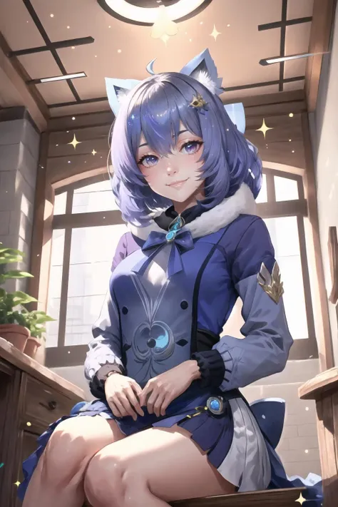 Highly detailed, High Quality, Masterpiece, beautiful, wrench_genshin_style, <lora:Outfit_GeshinStyled:1>, Discord-chan, <lora:Char_Meme_Discordchan:0.7>, <lora:Style_FallenMJStyle:1>, indoors, sitting, smile, sparkle,
