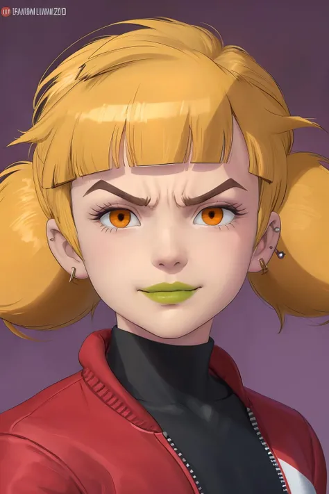 penny, child, (blonde hair, twintails, blunt bangs, orange eyes),Deiv Calviz, David Villegas, Enzo Fernandez, digital 2d, portrait, 4k, high quality, white turtleneck, red and white bomber jacket, masterpiece, intricate details, sharp jawline, feminine features, furious smiling, piercing gaze, angry eyes, smile, heavy strokes, purple ethereal background, green lips, dio cosplay<lora:Penny:0.8> <lora:dio:0.5>
