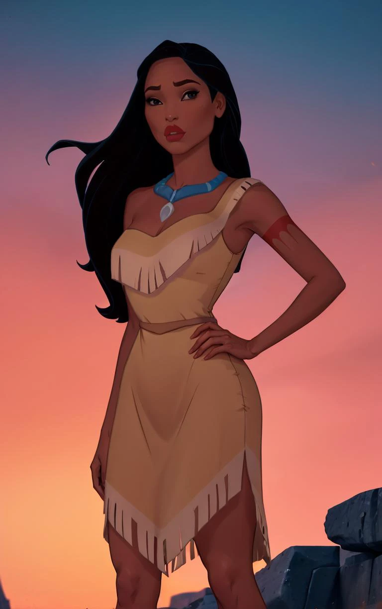 (masterpiece, best quality:1.4), insaneres, absurdres, solo, looking at viewer,BREAK
MainOutfit_Pocahontas_ownwaifu,
1girl, arm tattoo, black eyes, black hair, necklace, red lips, long hair, dark skin, dark-skinned female, breasts, lips, lipstick, makeup, very long hair, medium breasts, tattoo, collarbone, forehead,
single strap, yellow dress, short dress, jewelry, bare shoulders, sleeveless, cleavage, strapless, bare arms, native american, bare legs, tribal, sleeveless dress, strapless dress,
(contrapposto, hand on hip), sunset, sidelighting, cityscape, outdoors, <lora:CARTOON_PocaHontas_ownwaifu:1> , depth of field, solo,