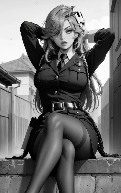 (masterpiece, best quality:1.4), insaneres, absurdres, solo, looking at viewer, BREAK
MangaBW_YayoiKusakabe_ownwaifu, (greyscale, monochrome),
1girl, masked, no eyes, solid oval eyes, spiked hair, long hair, white mask, lipstick, large breasts, mask, bangs, hair ornament, flipped hair, big hair, messy hair,
jacket, breast pocket, police uniform, policewoman, collared shirt, necktie, belt, armband, pantyhose, pencil skirt, black belt, long sleeves, formal, miniskirt, pocket, black pantyhose, skirt suit,
(sitting, soaking feet, arms behind head), onsen, mount fuji, cherry blossoms, outdoors,<lora:ANIME_HighRiseInvasion_YayoiKusakabe_ownwaifu:0.65>, depth of field
,
