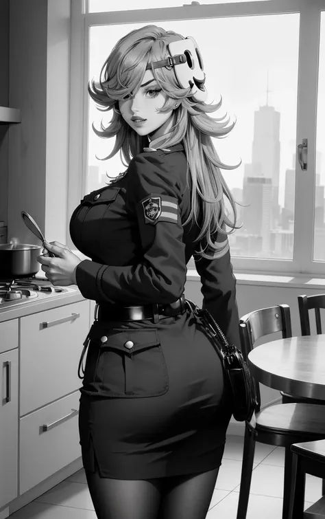 (masterpiece, best quality:1.4), insaneres, absurdres, solo, looking at viewer, BREAK
MangaBW_YayoiKusakabe_ownwaifu, (greyscale, monochrome),
1girl, masked, no eyes, solid oval eyes, spiked hair, long hair, white mask, lipstick, large breasts, mask, bangs, hair ornament, flipped hair, big hair, messy hair,
jacket, breast pocket, police uniform, policewoman, collared shirt, necktie, belt, armband, pantyhose, pencil skirt, black belt, long sleeves, formal, miniskirt, pocket, black pantyhose, skirt suit,
(looking back, cowboy shot), from behind, cooking, frying pan, kitchen, indoors, <lora:ANIME_HighRiseInvasion_YayoiKusakabe_ownwaifu:0.8> , depth of field
,