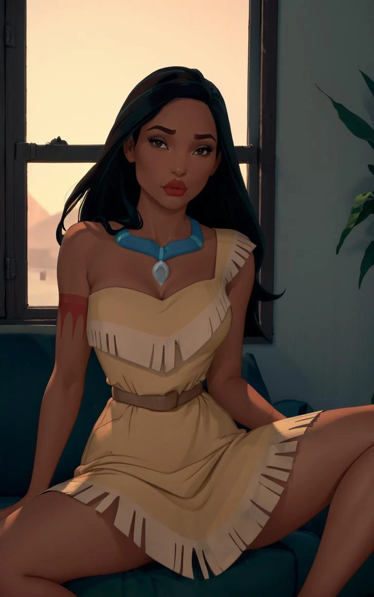 (masterpiece, best quality:1.4), insaneres, absurdres, solo, looking at viewer,BREAK 
MainOutfit_Pocahontas_ownwaifu, 
1girl, arm tattoo, black eyes, black hair, necklace, red lips, long hair, dark skin, dark-skinned female, breasts, lips, lipstick, makeup, very long hair, medium breasts, tattoo, collarbone, forehead, 
single strap, yellow dress, short dress, jewelry, bare shoulders, sleeveless, cleavage, strapless,  bare arms, native american, bare legs, tribal, sleeveless dress, strapless dress,
(sitting, spread legs), arms behind back, couch, window shade, indoors, <lora:CARTOON_PocaHontas_ownwaifu:0.95> , depth of field, solo,