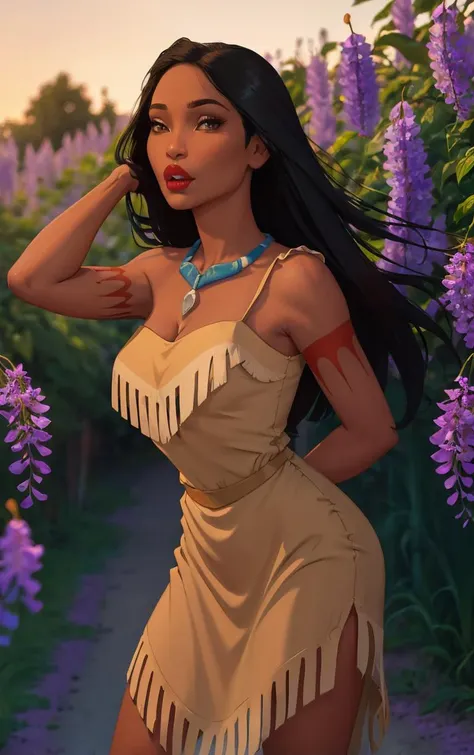 (masterpiece, best quality:1.4), insaneres, absurdres, solo, looking at viewer,BREAK 
MainOutfit_Pocahontas_ownwaifu, 
1girl, arm tattoo, black eyes, black hair, necklace, red lips, long hair, dark skin, dark-skinned female, breasts, lips, lipstick, makeup, very long hair, medium breasts, tattoo, collarbone, forehead, 
single strap, yellow dress, short dress, jewelry, bare shoulders, sleeveless, cleavage, strapless,  bare arms, native american, bare legs, tribal, sleeveless dress, strapless dress,
(leaning forward, arms behind back), cowboy shot, garden, wisteria, outdoors, <lora:CARTOON_PocaHontas_ownwaifu:0.85> , depth of field, solo,