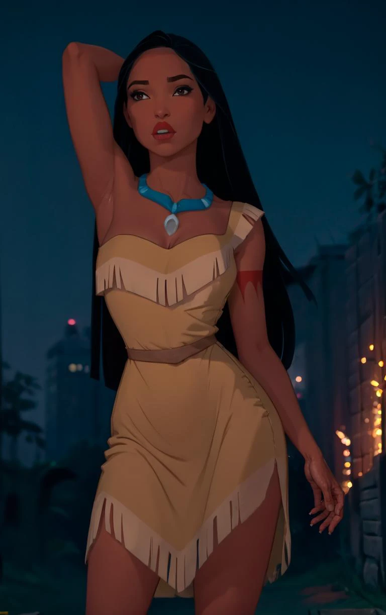 (masterpiece, best quality:1.4), insaneres, absurdres, solo, looking at viewer,BREAK
MainOutfit_Pocahontas_ownwaifu,
1girl, arm tattoo, black eyes, black hair, necklace, red lips, long hair, dark skin, dark-skinned female, breasts, lips, lipstick, makeup, very long hair, medium breasts, tattoo, collarbone, forehead,
single strap, yellow dress, short dress, jewelry, bare shoulders, sleeveless, cleavage, strapless, bare arms, native american, bare legs, tribal, sleeveless dress, strapless dress,
(contrapposto, arms behind head, aerial fireworks), neon_lights, cityscape, night, pool, full moon, outdoors, <lora:CARTOON_PocaHontas_ownwaifu:0.9> , depth of field, solo,