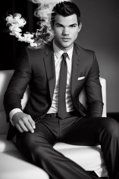 <lora:Taylor Lautner:.35>, Taylor Lautner in a sleek suit, dress pants, dramatic lighting, photoshoot, crime boss, black and white, cunning, photo realistic, dynamic lighting, dynamic pose, sitting man spreading, cigar, smoke in the air, bourbon