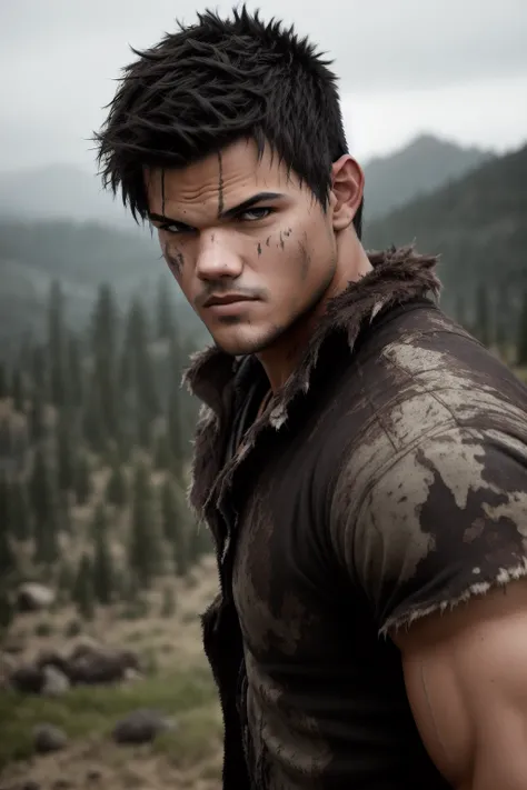 <lora:Taylor Lautner:.35>, Taylor Lautner as a warrior, angry, sweaty, aggressive, torn clothes, dirty, messy, aggressive pose, photo realistic, dynamic lighting, bokeh, rugged, scars, (closed mouth), glaring eyes, scars, cuts, bruises