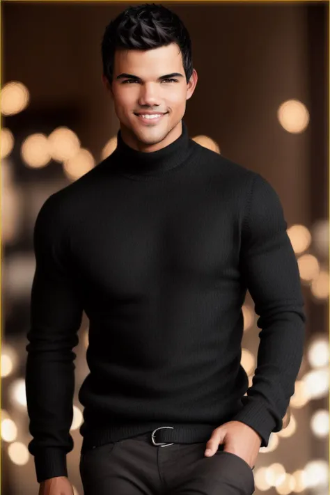<lora:Taylor Lautner:.35>, Taylor Lautner, black wool sweater, turtleneck, smile, one eye closed, bokeh, warm lights, sharp details, photoshoot, dynamic lighting, muscular