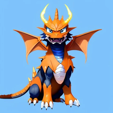 (samdoesarts style:1.3) a funny safety-orange (dragon:1.2) hawk Pokemon with denim hair, glowing eyes, Sky or floating islands, highly detailed, intricate