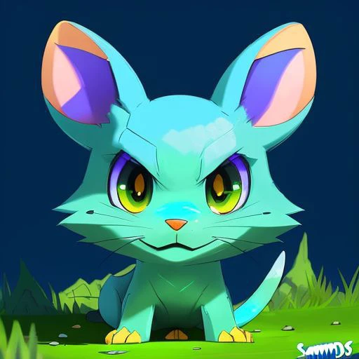 (samdoesarts style:1.3) a angry bondi-blue (dirt:1.2) mouse Pokemon with lime-green hair, glowing eyes, Mountain, highly detailed, intricate
