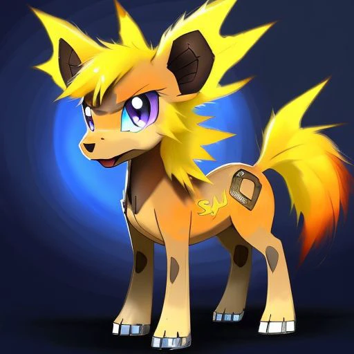 (samdoesarts style:1.3) a vicious amber (metal:1.2) pony Pokemon with pear hair, glowing eyes, Lake or pond, highly detailed, intricate