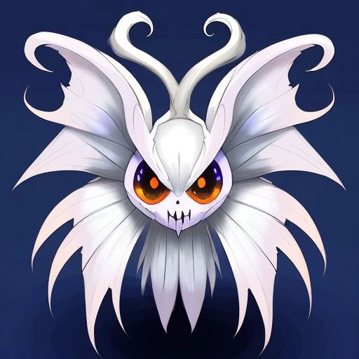 (samdoesarts style:1.3) a vicious  cinnamon (ghost:1.2) butterfly Pokemon with white hair, glowing eyes, Medieval or fantasy, highly detailed, intricate