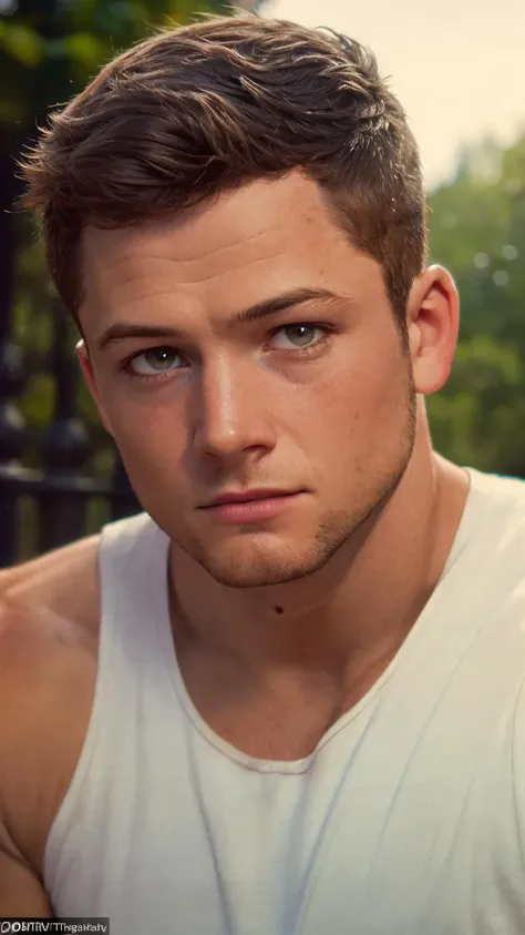 20 yo stud, a handsome boy, masculine, realistic, upper_body, (masterpiece, best quality:1.5), face focus, blurry background, raw photo, wear white tank top, 1man, outdoors, TaronEgerton, taronegerton focus, <lora:Taronegerton:0.7>, faded film, 35mm photo, grainy, vignette, vintage, Kodachrome, Lomography, stained, highly detailed, found footage, broad shoulder, (masterpiece,best quality:1.5)