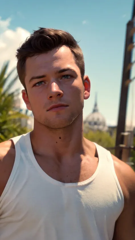 20 yo stud, a handsome boy, masculine, realistic, upper_body, (masterpiece, best quality:1.5), face focus, blurry background, raw photo, wear white tank top, 1man, outdoors, TaronEgerton, taronegerton focus, <lora:Taronegerton:0.7>, faded film, 35mm photo, grainy, vignette, vintage, Kodachrome, Lomography, stained, highly detailed, found footage, broad shoulder, (masterpiece,best quality:1.5)