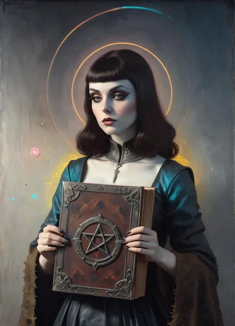 Ombre color scheme of neon pink, neon blue, neon yellow, neon green, neon orange, a painting of a woman holding a book with a pentagramil on it's cover and a pentagramil on her chest, Dino Valls, occult, a fine art painting, gothic art <lora:darkscifi_CG_sdxl:0.8> cg_darkscifi, subsurface scattering, Photorealistic, Hyperrealistic, analog style, realistic, film photography, soft lighting, heavy shadow