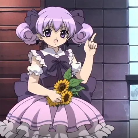 in the style of PitaTenAnime, 1girl, black hair, purple eyes, pink hair bows, twintails, curly hair, ruffled dress, sunflowers, <lora:PitaTenAnime-03:1>