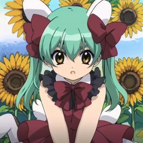 in the style of PitaTenAnime, 1girl, green hair, orange eyes, hair bows, bunny ears, twintails, ruffled dress, sunflowers,  <lora:PitaTenAnime-03:1>