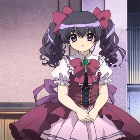 in the style of PitaTenAnime, 1girl, black hair, purple eyes, pink hair bows, twintails, curly hair, ruffled dress, sunflowers, <lora:PitaTenAnime-03:1>