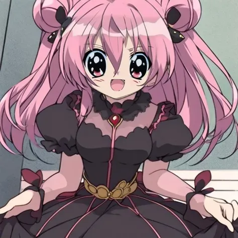 in the style of PitaTenAnime, 1girl, solo, long pink hair, pink hair buns, red eyes, hair ornament, black and brown dress, <lora:PitaTenStyle-10:1>