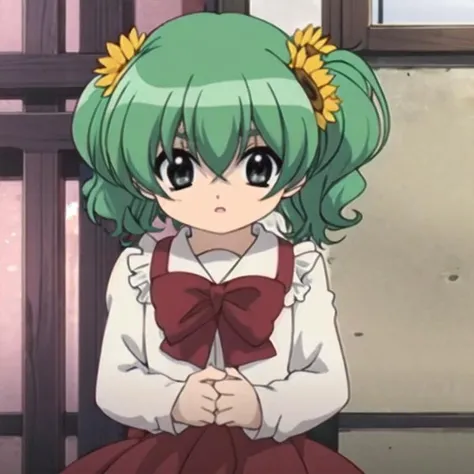 in the style of PitaTenAnime, 1girl, green hair, grey eyes, hair bows, twintails, curly hair, ruffled dress, sunflowers, <lora:PitaTenAnime-03:1>