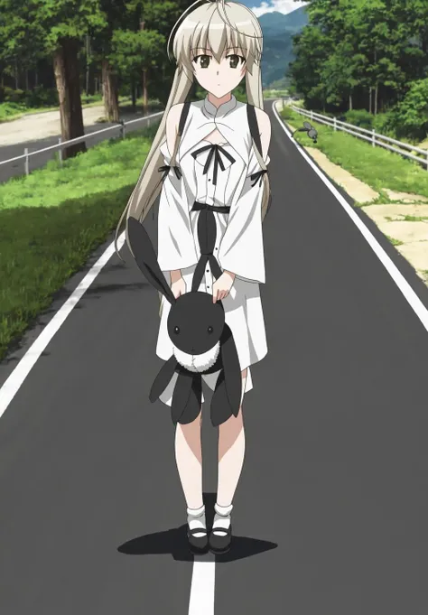<lora:Sora_Kasugano:0.8>, Sora_Kasugano, 1girl, solo, looking at viewer, outdoors, stuffed toy, stuffed animal, road, stuffed bunny