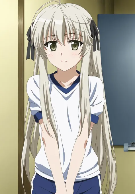 <lora:Sora_Kasugano:0.8>, Sora_Kasugano, 1girl, solo, gym uniform, buruma, shirt, white shirt, short sleeves, ribbon, blue buruma, shirt tug, anime coloring