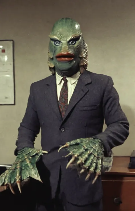 found footage, vhs screengrab, vhs glitches, still frame from a slasher B movie, cult film, (Gill_man:1.15) wearing a business suit and standing in a 1950s office, (charming light:1.15), Retro Look, Cult Films, often for cult following, quirky details, underground cinema <lora:Gill-man_Retro_Swamp_Monster_SDXL:1>